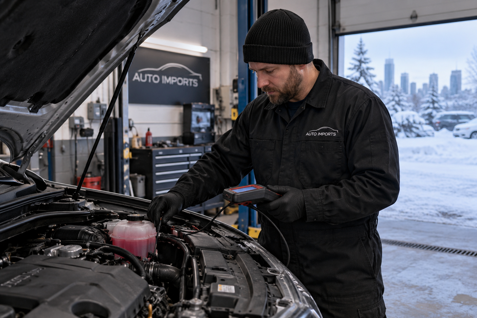 Technician-diagnosing-a-vehicle-heating-problem-during-Edmonton-winter-at-Auto-Imports